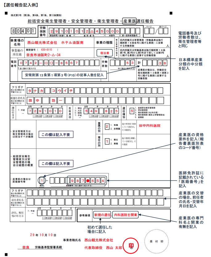 産業医選任報告書記入例
